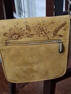 Travelon Tan Suede Crossbody Bag with Floral Burned